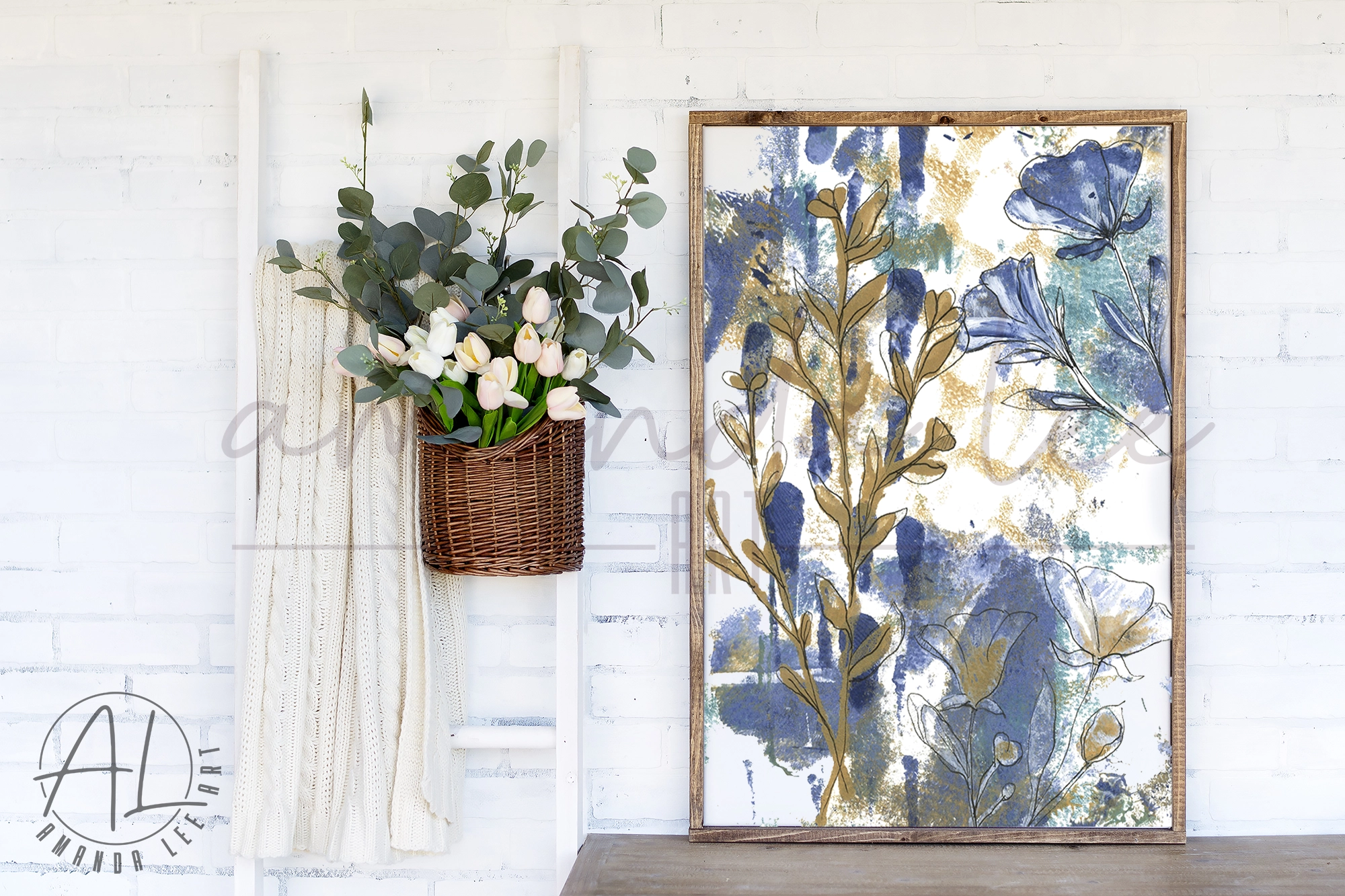 Abstract Blue and Gold Wildflower Painting