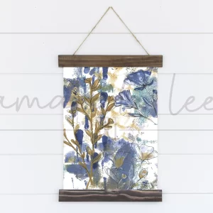 framed abstract art blue and gold flowers